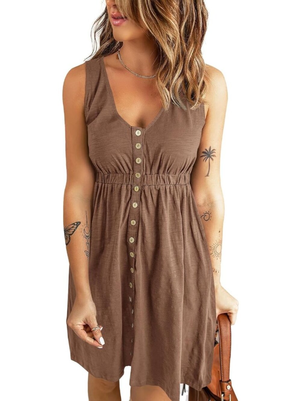 Women's Dark Khaki Spring Clothes Sleeveless Crew neck Mini Flowy Sun Dresses
